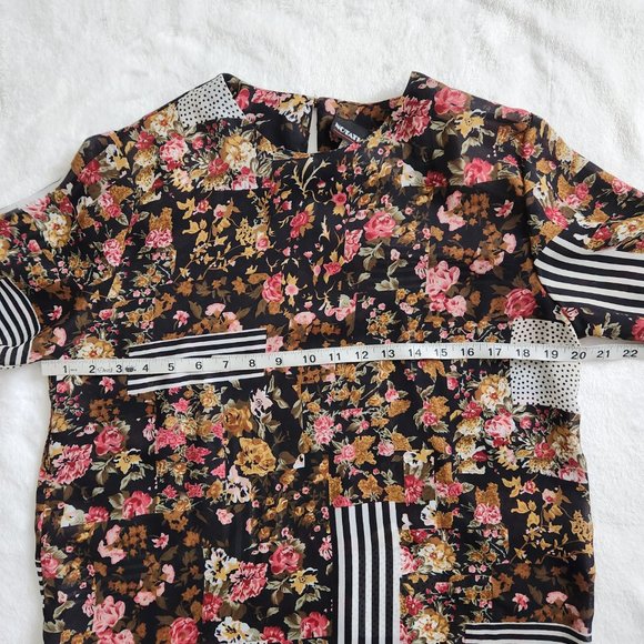 Vintage 90s Notations Black Floral Blouse Semi Sheer Stripes Short Sleeve Medium - Picture 14 of 16